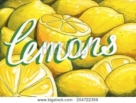 a hand-drawn digital picture with lots of lemons and some retro lettering