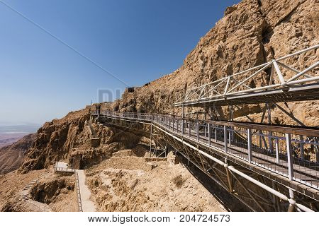 Cable car arriving to the top of Masada National Park