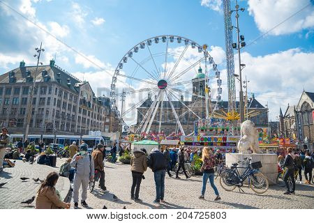 Attractions And Royal Palace In Amsterdam On The Dam Square. Netherlands