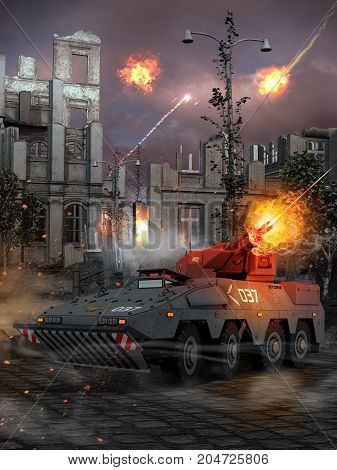 3D rendering of modern urban warfare of a anti-aircraft tank firing.
