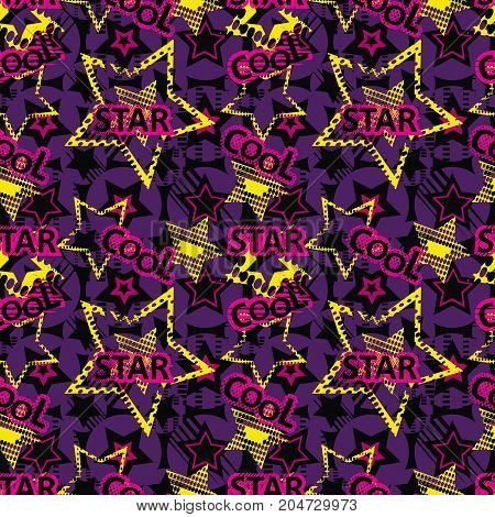 Abstract seamless sport pattern for girls boys clothes. Creative vector sport background with dots geometric figures inscriptions stars.Sport pattern. Colorful bright. Star sport pattern. Geometric pattern.