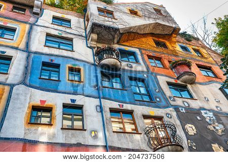 Vienna, Austria - October 14, 2016: Facade Of Huntdertwarsser House In Vienna. The Hundertwasser Hou