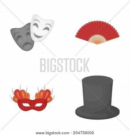 Theatrical mask, cylinder, fan, mask on the eyes. Theater set collection icons in cartoon style vector symbol stock illustration .