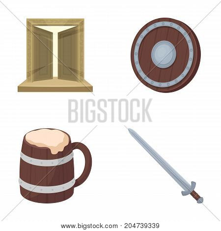 A gate to the treasure, a shield for protection, a mug with a bra, a sword. Vikings set collection icons in cartoon style vector symbol stock illustration .