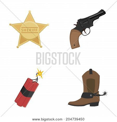 Star sheriff, Colt, dynamite, cowboy boot. Wild West set collection icons in cartoon style vector symbol stock illustration .