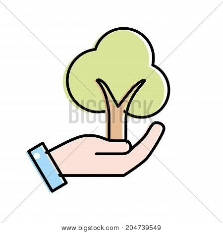 hand with ecological and natural tree icon vector illustration