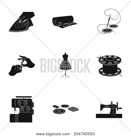 coil with thread, sewing machine, fabric and other equipment. Sewing and equipment set collection icons in black style vector symbol stock illustration .
