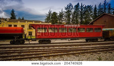 QUITO, ECUADOR AUGUST 20 2017: Ecuadorian steam colomotive in chinbacalle trains museum, located in the city of Quito, Ecuador.