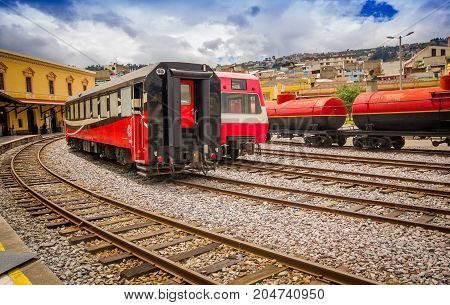 QUITO, ECUADOR AUGUST 20 2017: Ecuadorian steam colomotive in chinbacalle trains museum, located in the city of Quito, Ecuador.