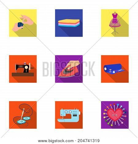 coil with thread, sewing machine, fabric and other equipment. Sewing and equipment set collection icons in flat style vector symbol stock illustration .