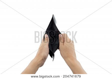 Man hand open an empty wallet on white background - clipping part.