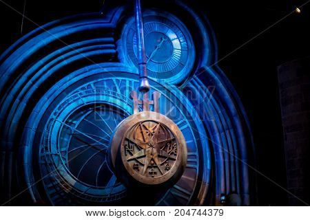 London, England, April 2017: A giant pendulum at Warner Brothers Harry Potter Studio Tour London