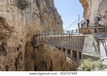 El Chorro Spain - May 31 2017: Bridge at the hiking trail 'El Caminito del Rey' - King's Little Path former world's most dangerous footpath wich was reopened in May 2015. Ardales Malaga province Spain