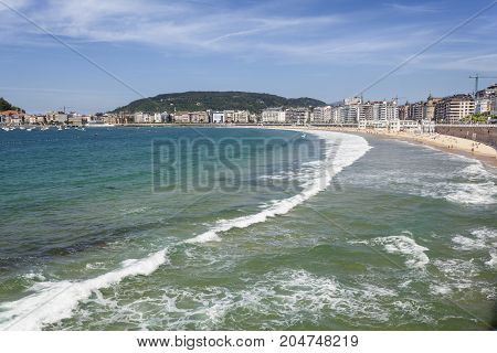 Surf at the La Concha beach in San Sebastian Donostia. Basque country Spain