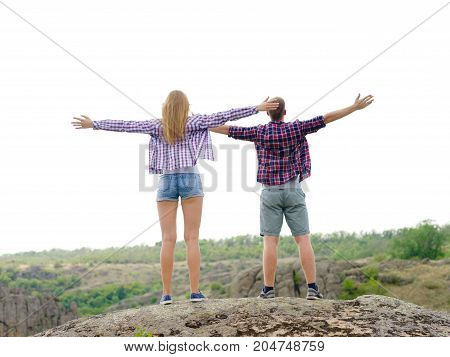 A young couple came to the mountains for a vacation. Healthy lifestyle.