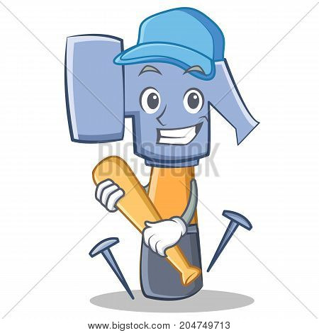 Playing baseball hammer character cartoon emoticon vector illustration