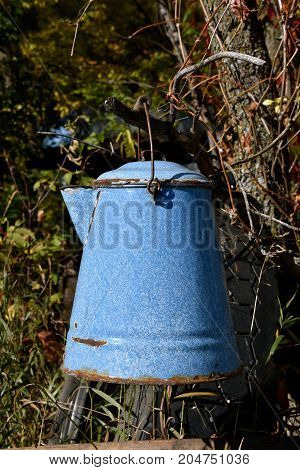 An old blue enamel  coffee pot hung un a tree branch