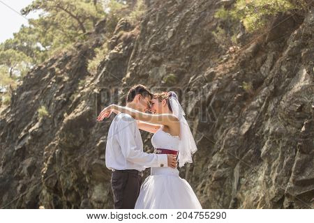 Just married couple embraced on nature. Bride and groom.