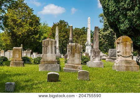 Monuments and headstones in a civil war era cemetery.
