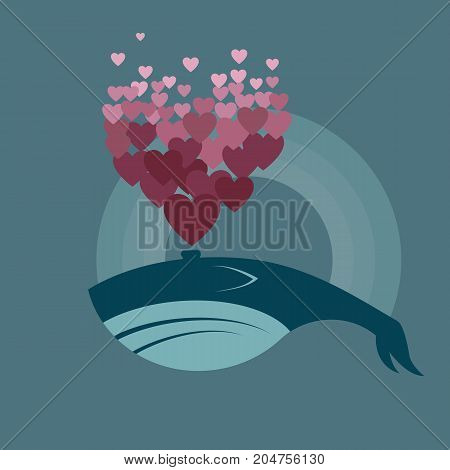vector of a whale with valentine hearts