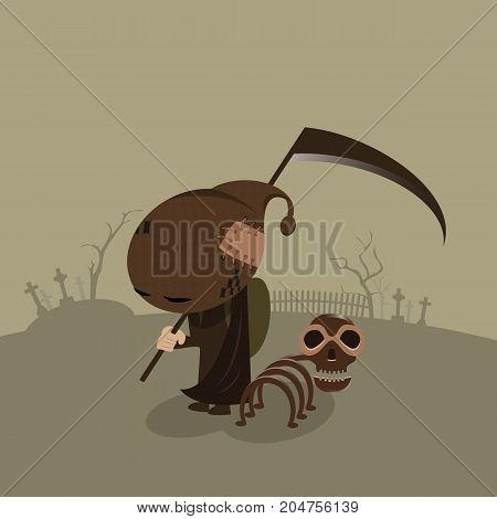 vector of little demon and skeleton dog