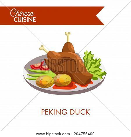 Peking duck with fresh tomato slices, green leek, lettuce leaf, baked potato and red sauce isolated cartoon flat vector illustration on white background. Chinese cuisine dish made of poultry.