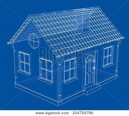 A small house with shingles roof. Vector rendering of 3d. Wire-frame style. The layers of visible and invisible lines are separated