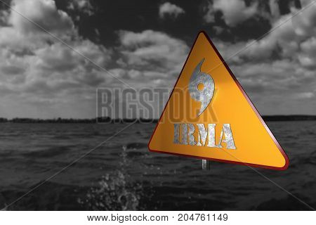 Hurricane Irma Danger Sign And Storm In The Background 3D Rendering