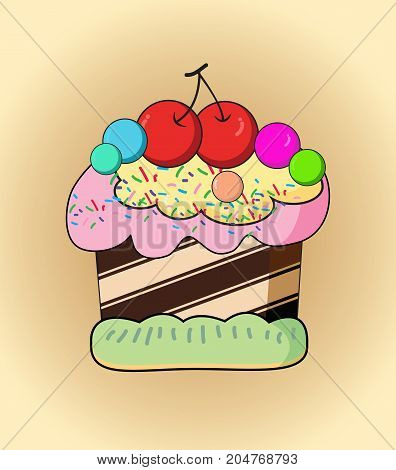 Cartoon cake.Chocolate and red cherry cake.illustration design.