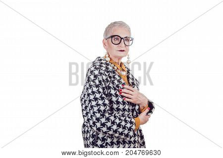 Stylish and elegant old woman in glasses isoladed on white.