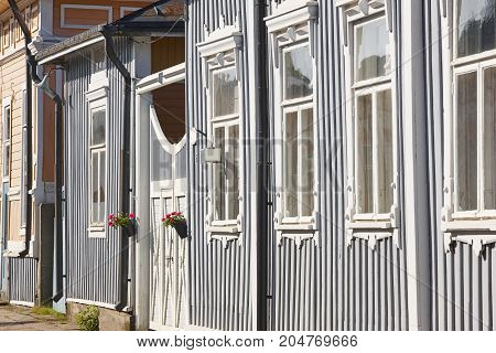 Antique wooden colorful facades in Rauma. Finland. UNESCO Heritage. Horizontal