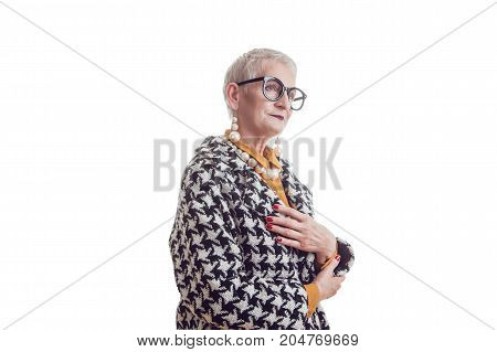 Stylish and elegant old woman in glasses isoladed on white.