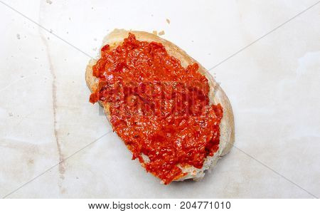 Traditional Macedonian Food Ayvar Smeared On A Piece Of Bread .homemade Product