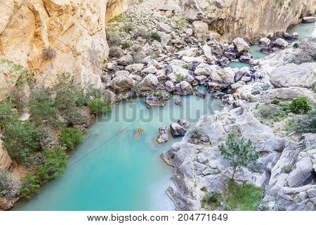 Mountain lake at the El Chorro gorge in Malaga Andalusia Spain