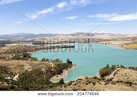 Water reservoir for the hydroelectric plant El Chorro near the town Alora. Province of Malaga Spain