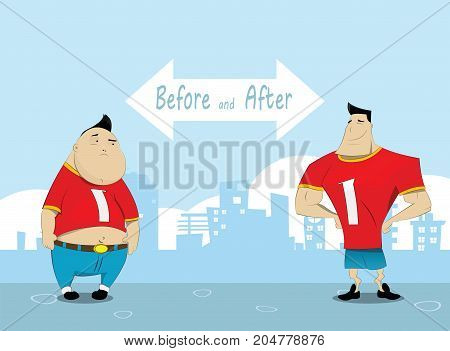 Man before and after training. Workout and healthy lifestyle concept illustration. Vector