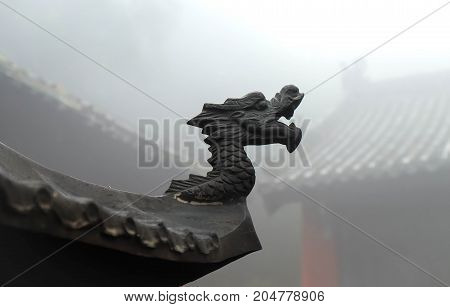 SEP 092017 .HUBEI CHINA The monastry in Wudang Shan Mountain. the figure on the roof and it exquisite. This here is one of famous in China