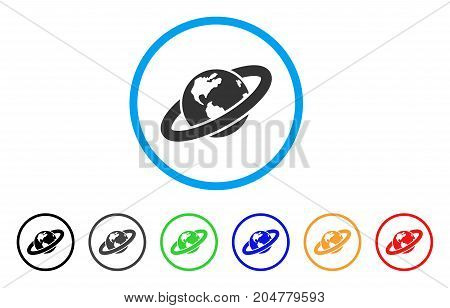 Ringed Planet rounded icon. Style is a flat ringed planet grey symbol inside light blue circle with black, gray, green, blue, red, orange color versions.