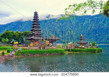 Ulun Danu Bratan Temple on Danau Beratan lake. Famous landmark and culture symbol of Bali Indonesia.