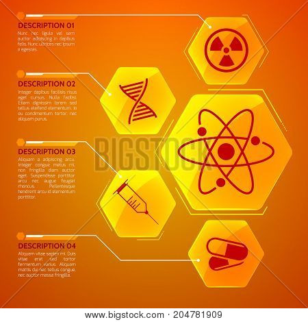 Medicine orange poster with healthcare and science symbols flat vector illustration