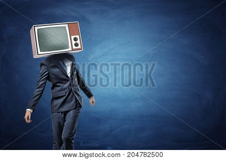 An unsteady businessman standing unevenly with a large retro TV on his head showing gray noise. Messy business. Scam and fraud. Unsure and lost.