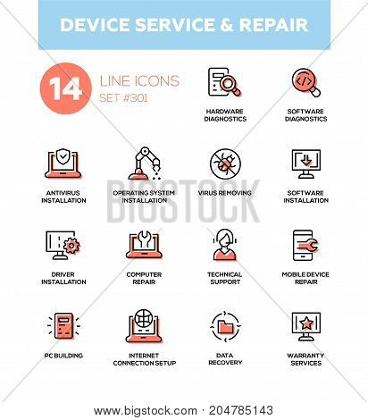 Device service repair - modern vector single line icons set. Hardware diaognostics, software, antivirus, operating system installation, virus removing, technial support, pc building, internet connection setup, data recovery, warranty service