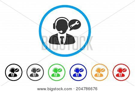 Service Manager Message rounded icon. Style is a flat service manager message gray symbol inside light blue circle with black, gray, green, blue, red, orange versions.