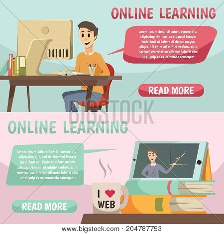 Online education banners In comics style with image of lecturer in tablet student at monitor and speech bubbles flat vector illustration