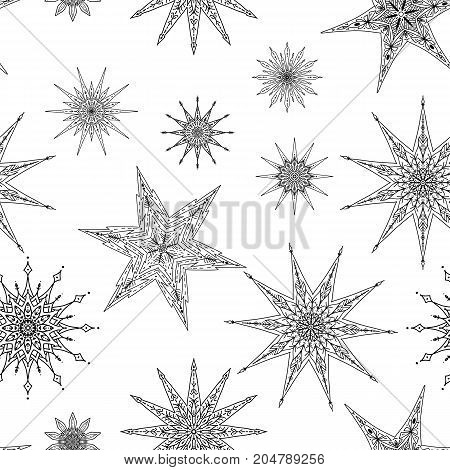 Seamless pattern, background with decorative stars. Stock line vector illustration. Outline hand drawing. Coloring page for adult coloring book.