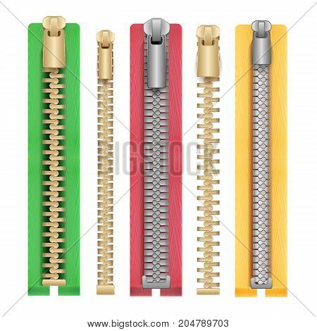 Zippers Realistic Vector. Fabric Fashion Fastener Isolated Illustration