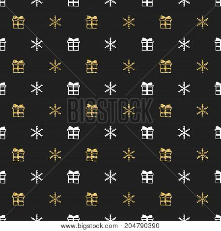 Christmas New Year seamless pattern with gift snowflakes. Holiday black background. Gold white gift. Xmas winter doodle decoration. Golden texture. Hand drawn vector illustration. Wrapping gift paper