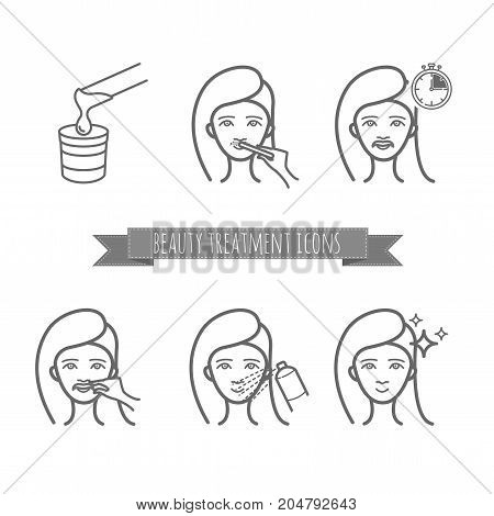 Removing facial hair by using sugaring or strip wax. Beauty treatment icons set for your design