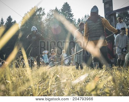 Moscow,russia-june 06,2016: Martial Duel Of Two Medieval Spearman Warriors. Opponents With Spear In