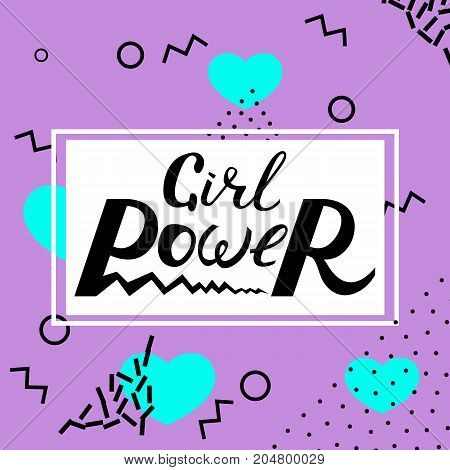 Modern brush inscription Girl Power on abstract memphis style retro background with multicolored simple geometric shapes and copy space frame